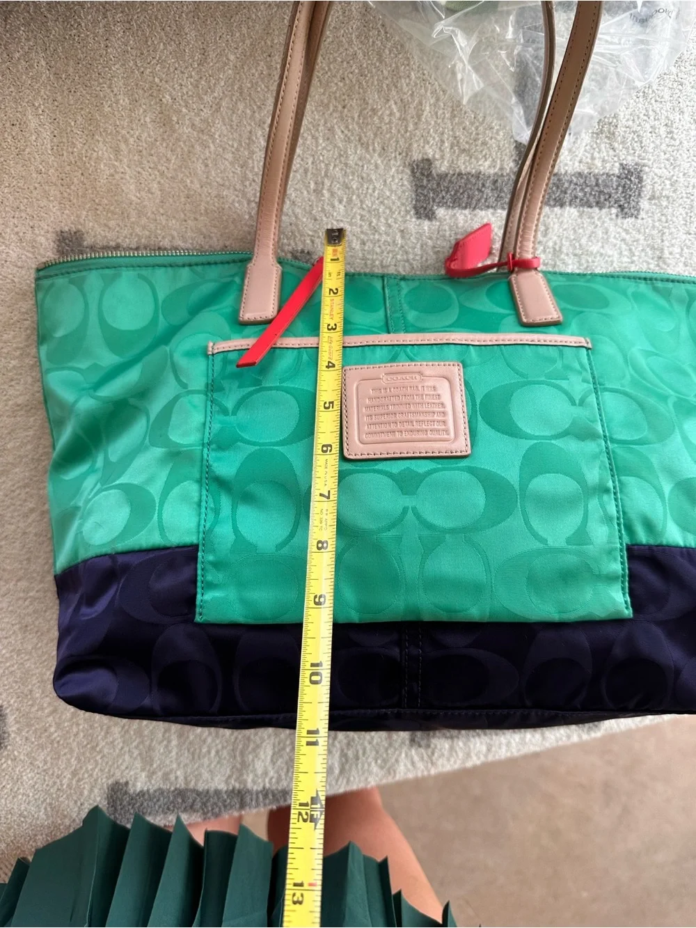 Coach Green Nylon Tote with Tan Handles and Navy Base